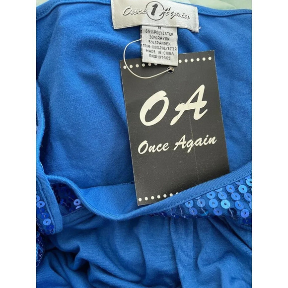 Once Again M Blue Square Neckline Sequin Accent Mesh Short Sleeve Top - Picture 6 of 6